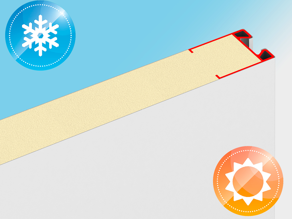 Полотно ворот из сэндвич-панелей толщиной 55 мм. Панели с заполнением пенополиуретаном не промерзают и позволяют минимизировать теплопотери в помещении.